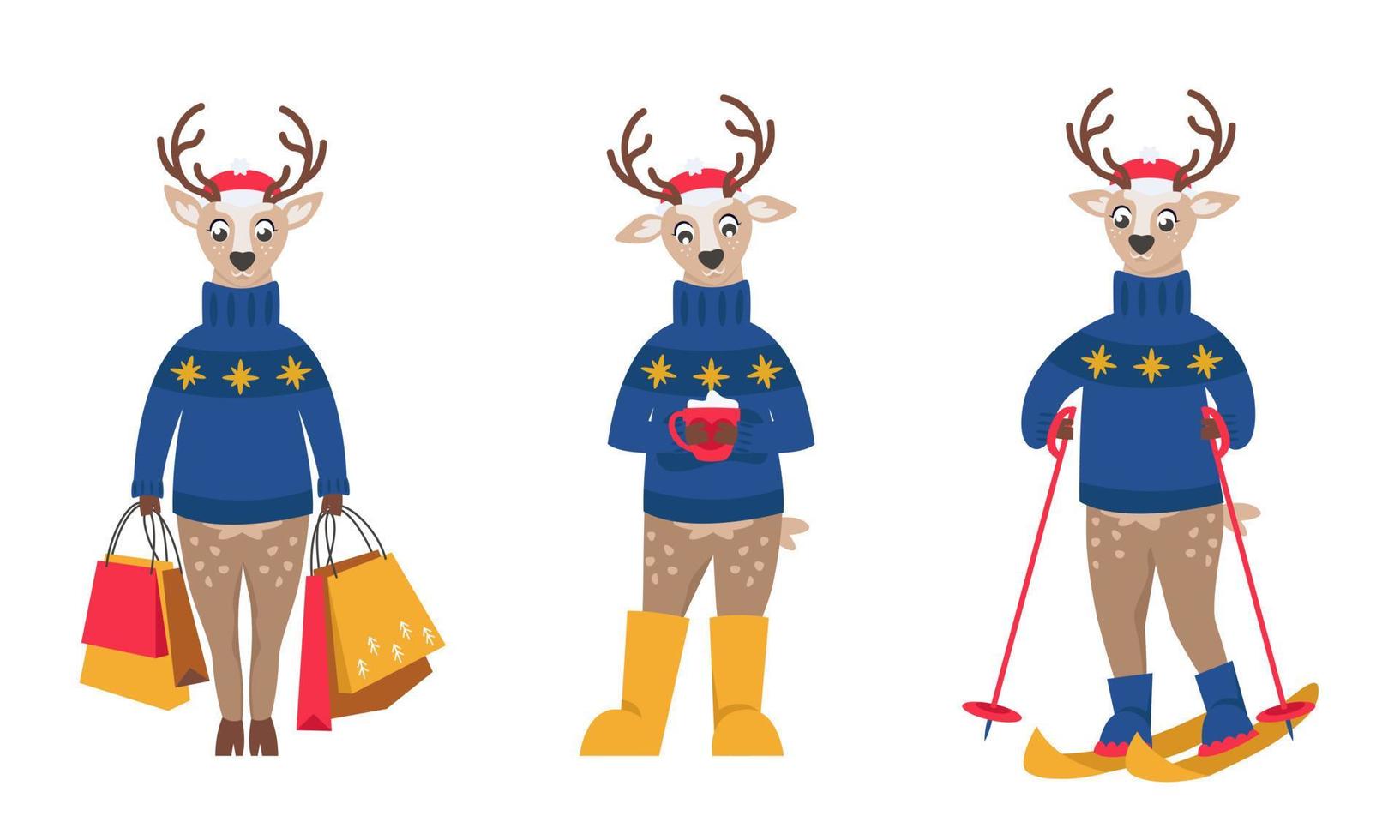 Christmas deer in different poses. Cute character in cartoon style. vector