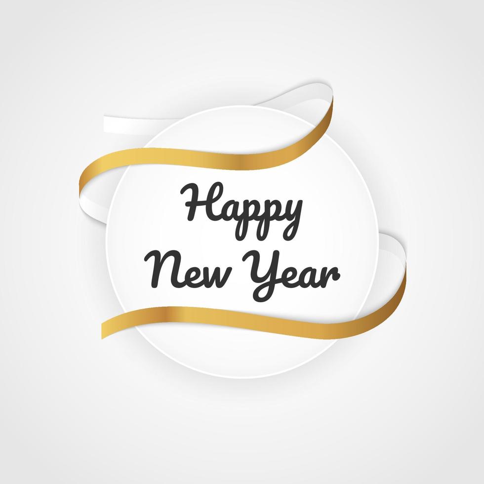 Minimal white happy new year greeting with gold ribbon vector