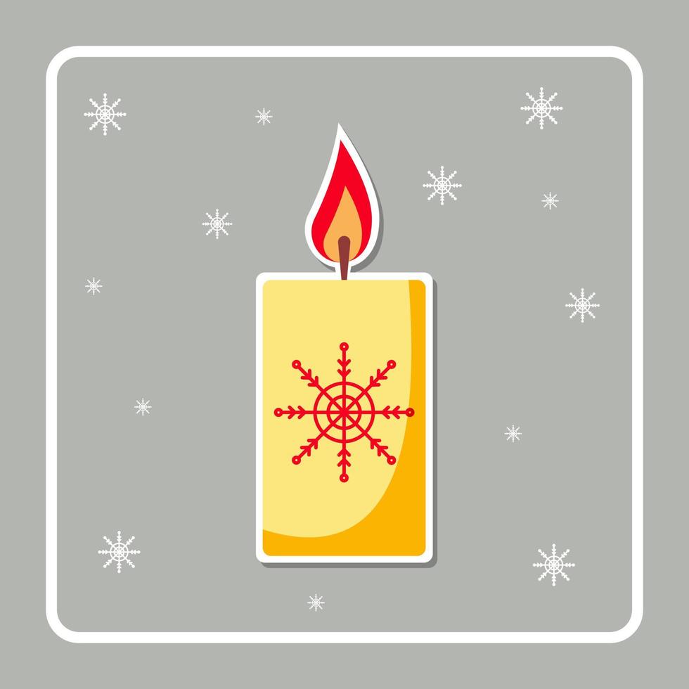Christmas card with burning Christmas candle. Winter sticker. Festive decoration. Greeting card, frame for Christmas, New Year. Design for postcard, invitation. Vector illustration