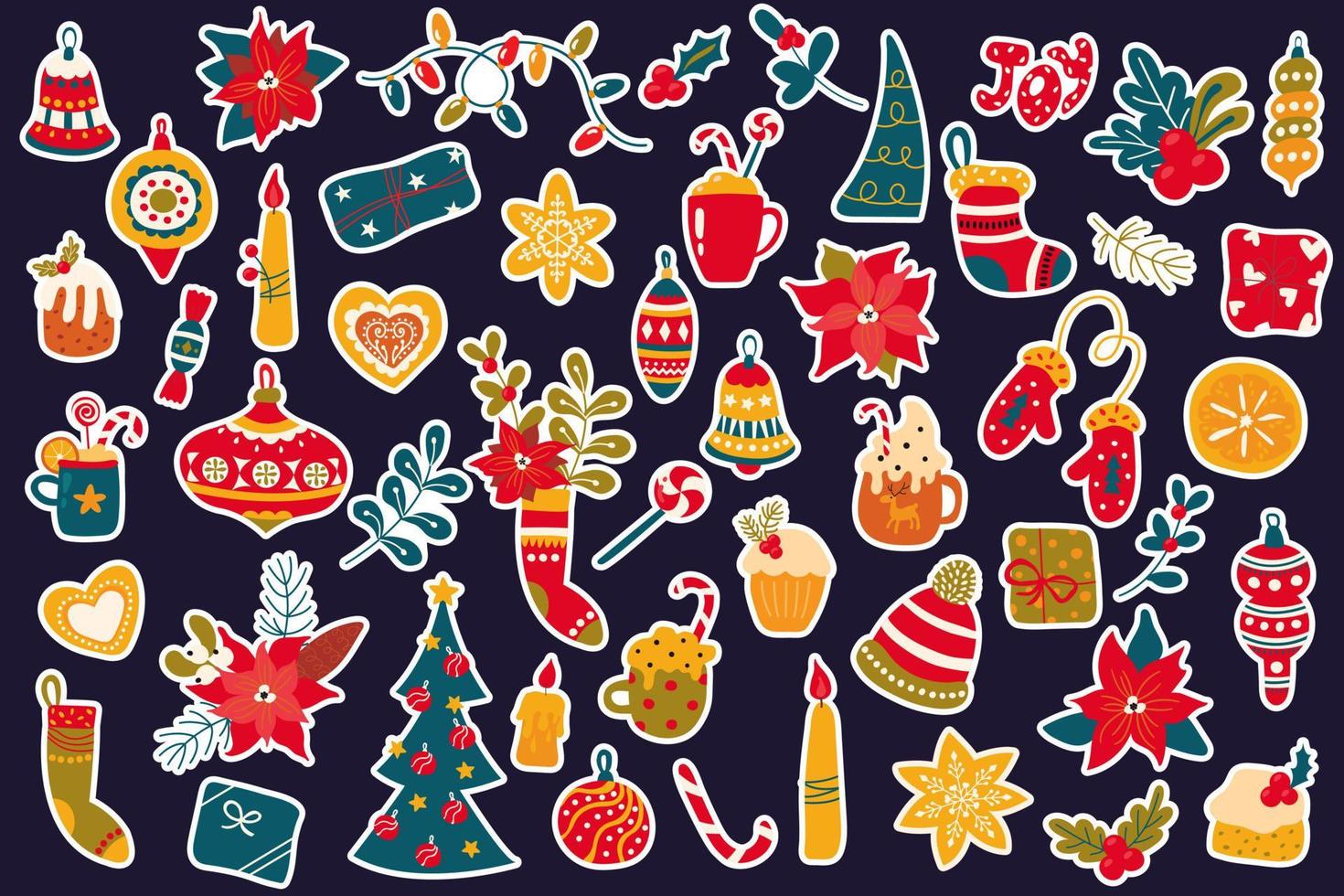 Cute Christmas sticker set. Drawn style. Stock illustration. vector