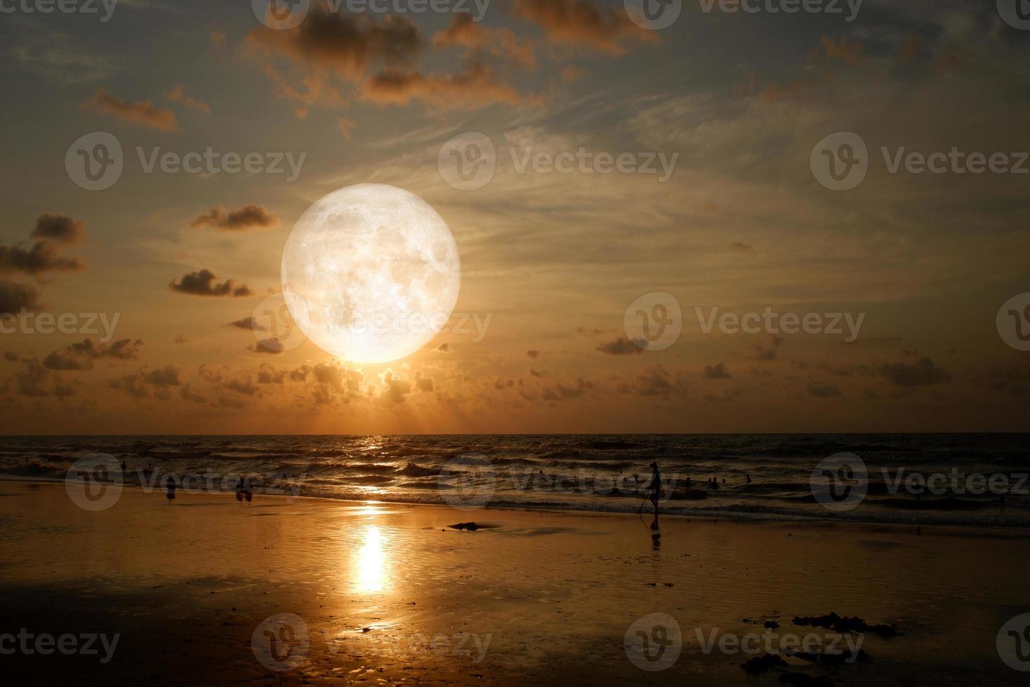 Landscape moon over the horizon on sea and moonlight. Panorama with the luna of night. Grand mystical fantastic view. Mid-Autumn Festival or Halloween concept. The full moon on the beach. photo