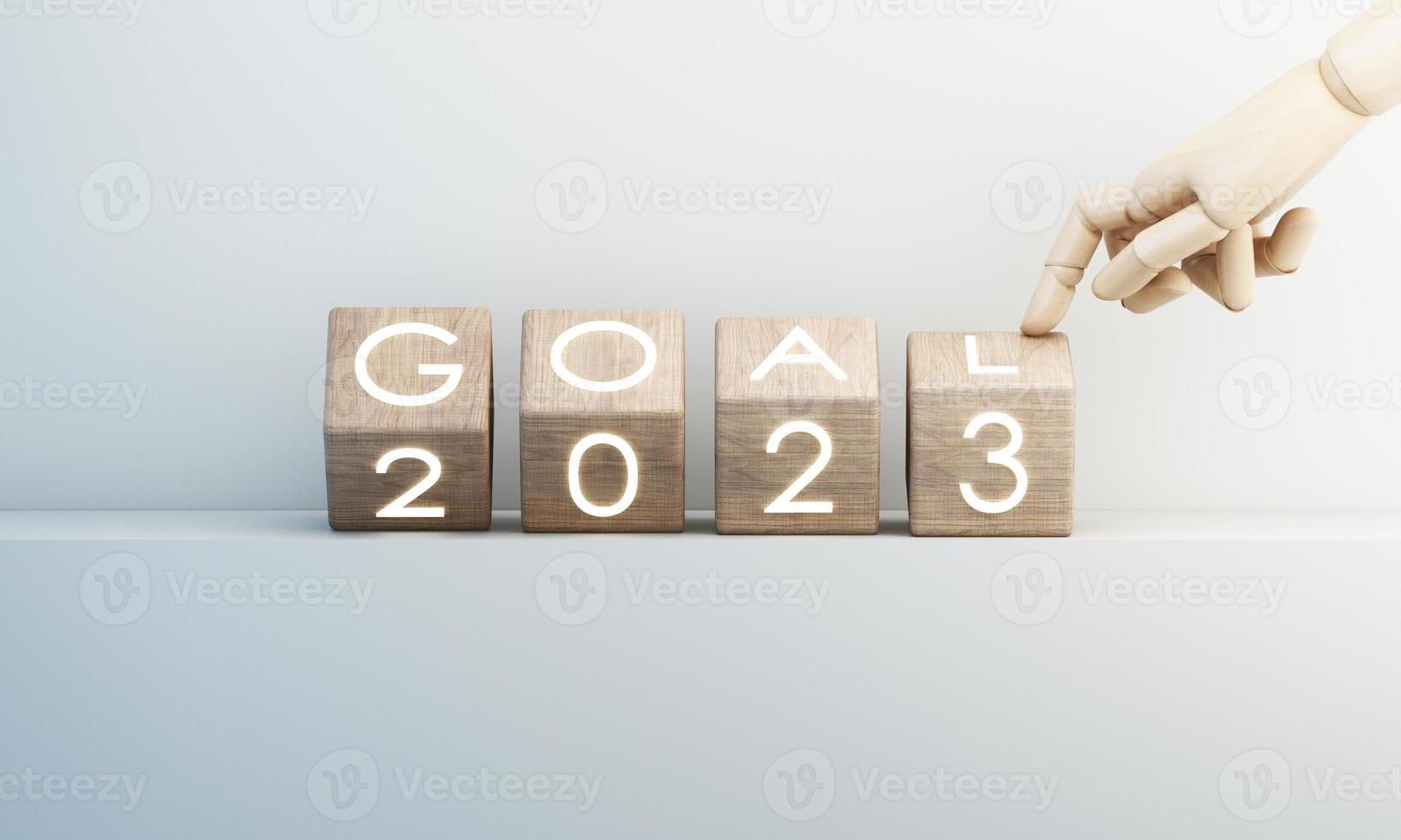 Countdown start new year 2023 with the vision and perspective of planning to achieve goals. concept for the future business and management. in cartoon illustration on red background. 3d rendering photo