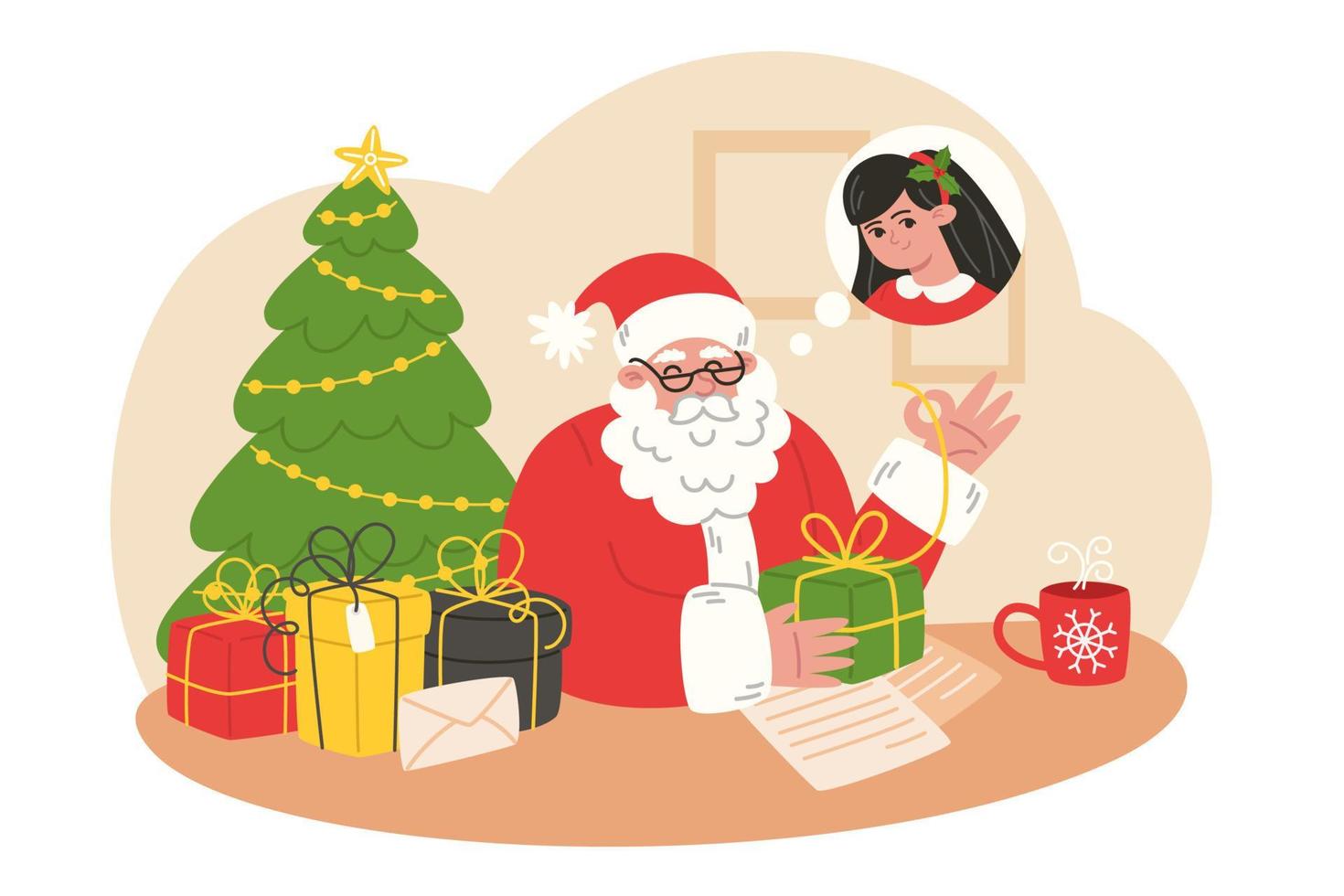 santa claus envolviendo regalos para niños vector