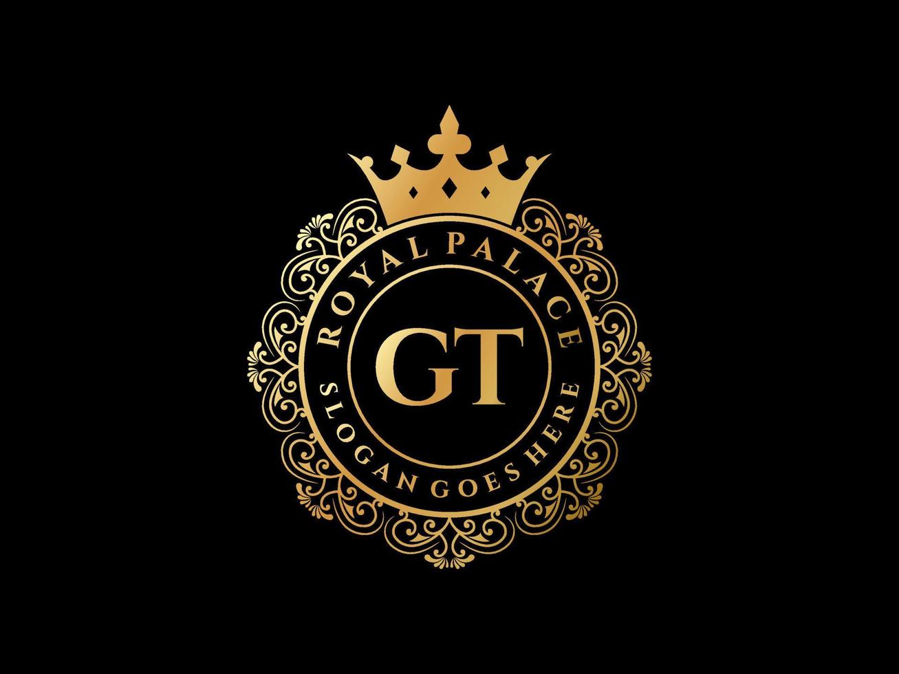 Letter GT Antique royal luxury victorian logo with ornamental frame. vector