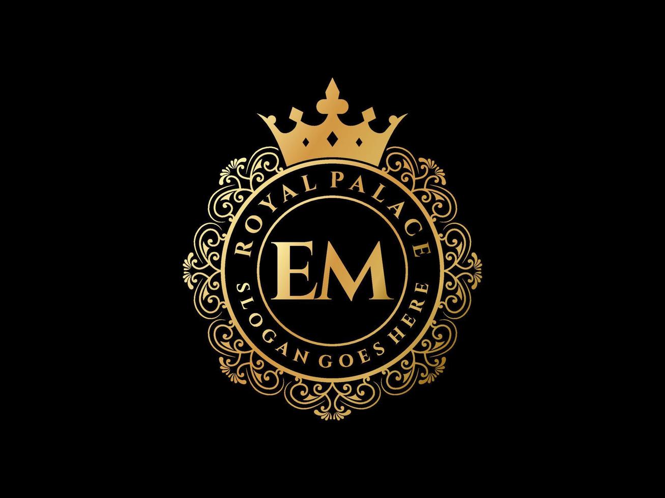 Letter EM Antique royal luxury victorian logo with ornamental frame. vector