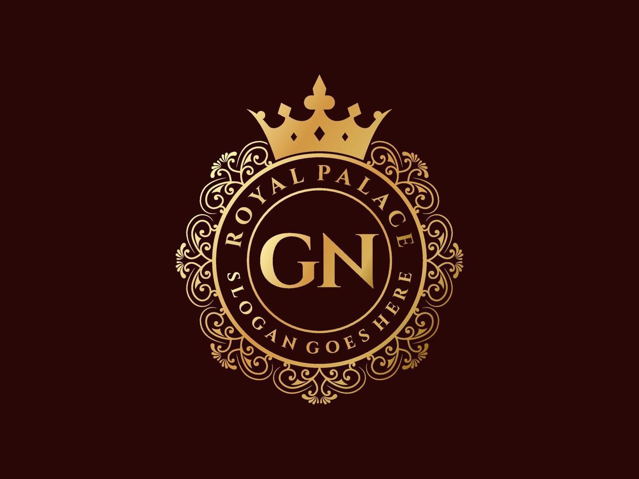 Letter GN Antique royal luxury victorian logo with ornamental frame. vector