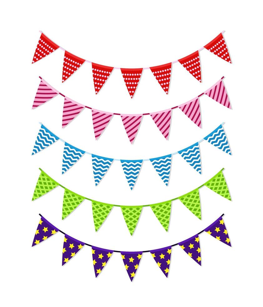 Bright festive triangular buntings flat illustration set vector