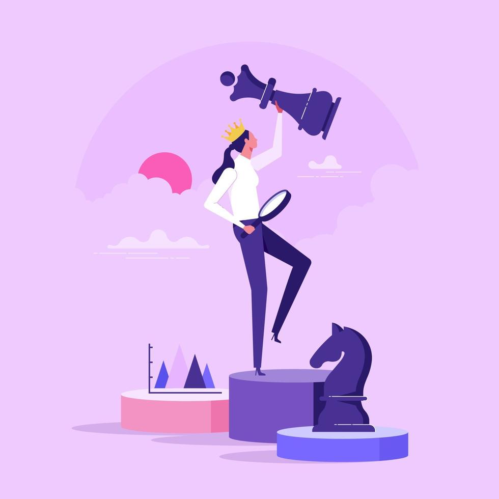 Businesswoman and holding chess piece. Concept of tactical advantage, successful entrepreneurship tactics or strategy, superiority in business. flat vector illustration
