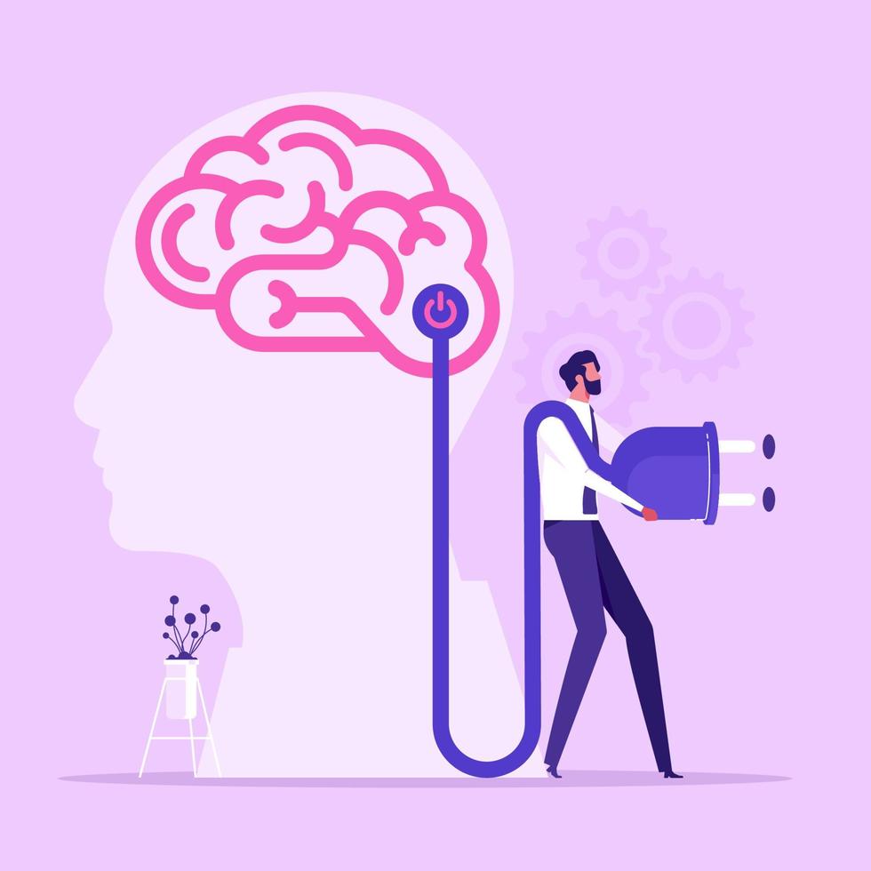 human head with brain inside and man putting power plug into socket. Concept of productivity boost, source of energy for brain charging, flat vector illustration