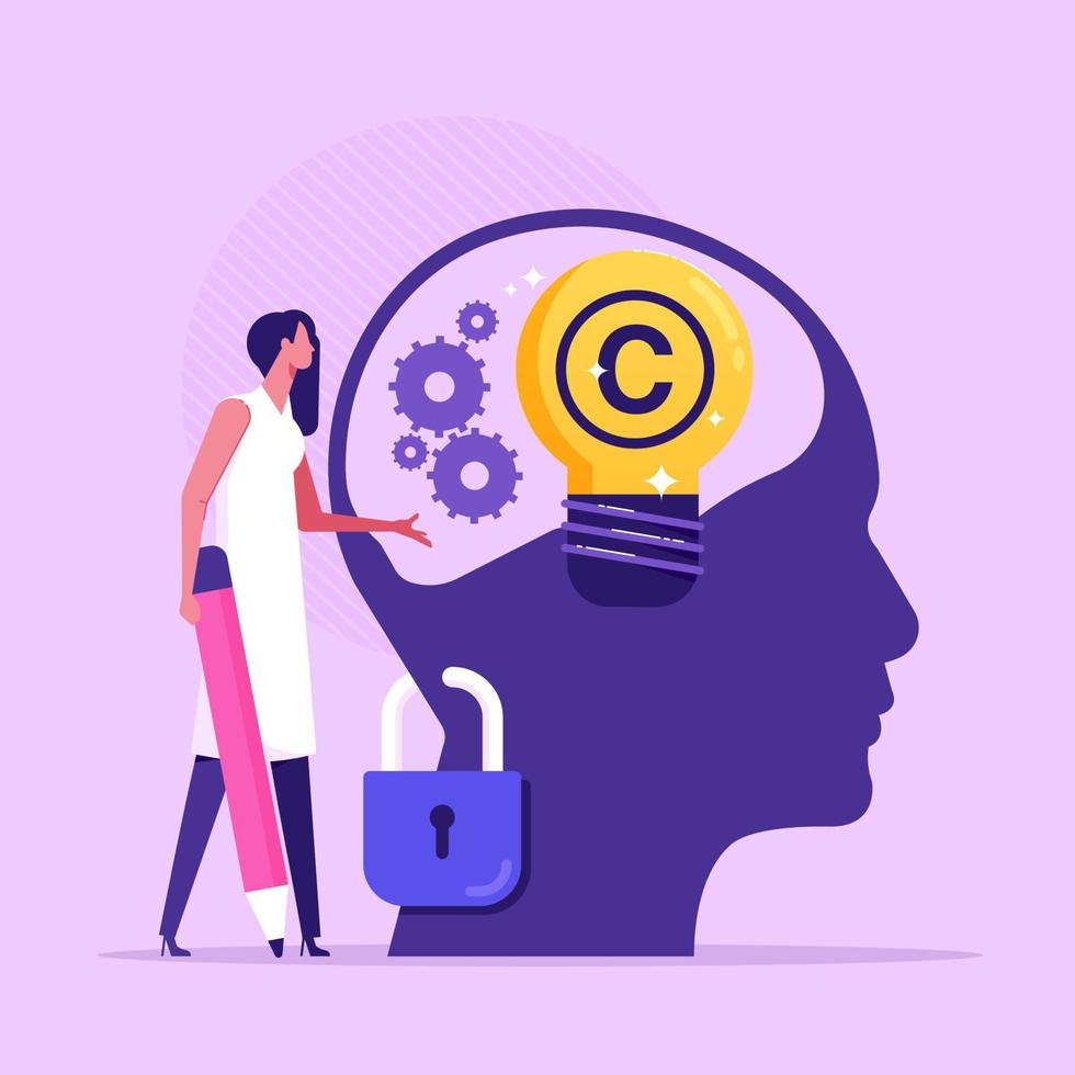 Intellectual property. Copyright. Tiny authors protecting idea's legal information with trademark, flat vector illustration