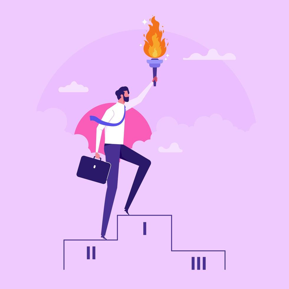 Businessman or entrepreneur holding burning torch and giving speech. Concept of leadership in business, successful leader or motivational speaker, flat vector illustration