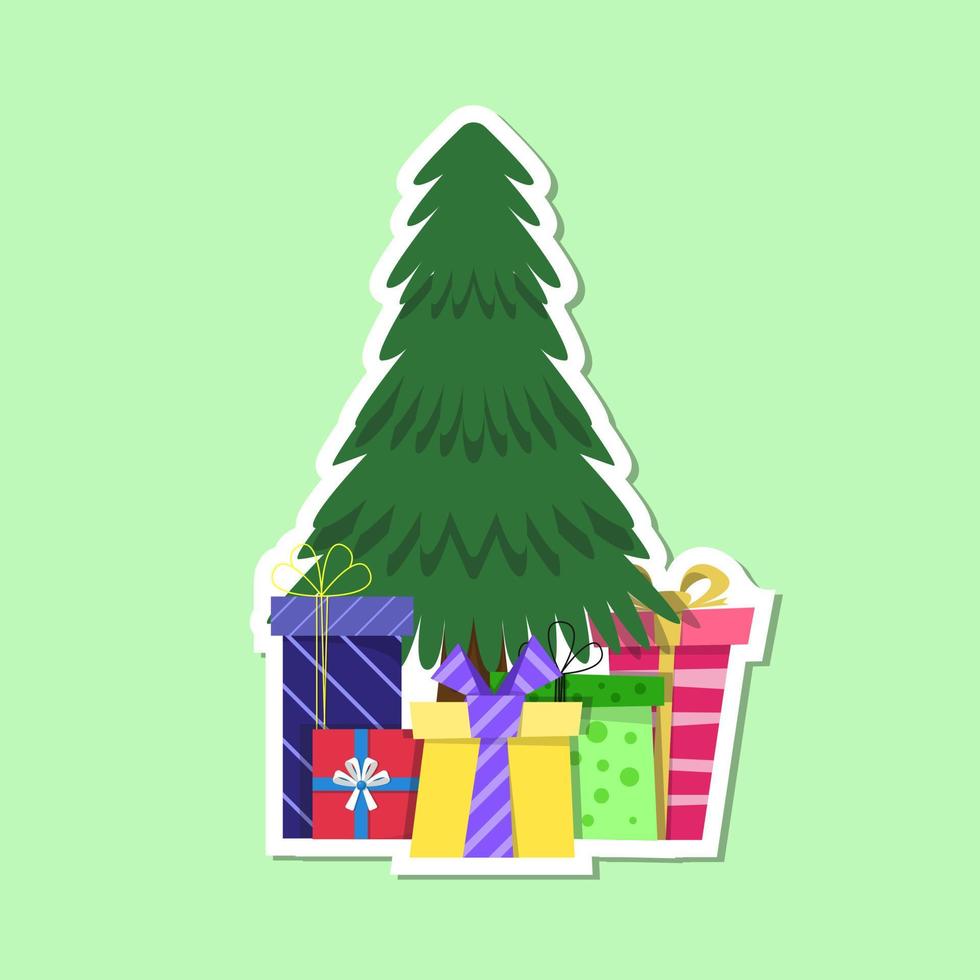 ilustración de etiqueta de árbol de navidad y cajas de regalo vector