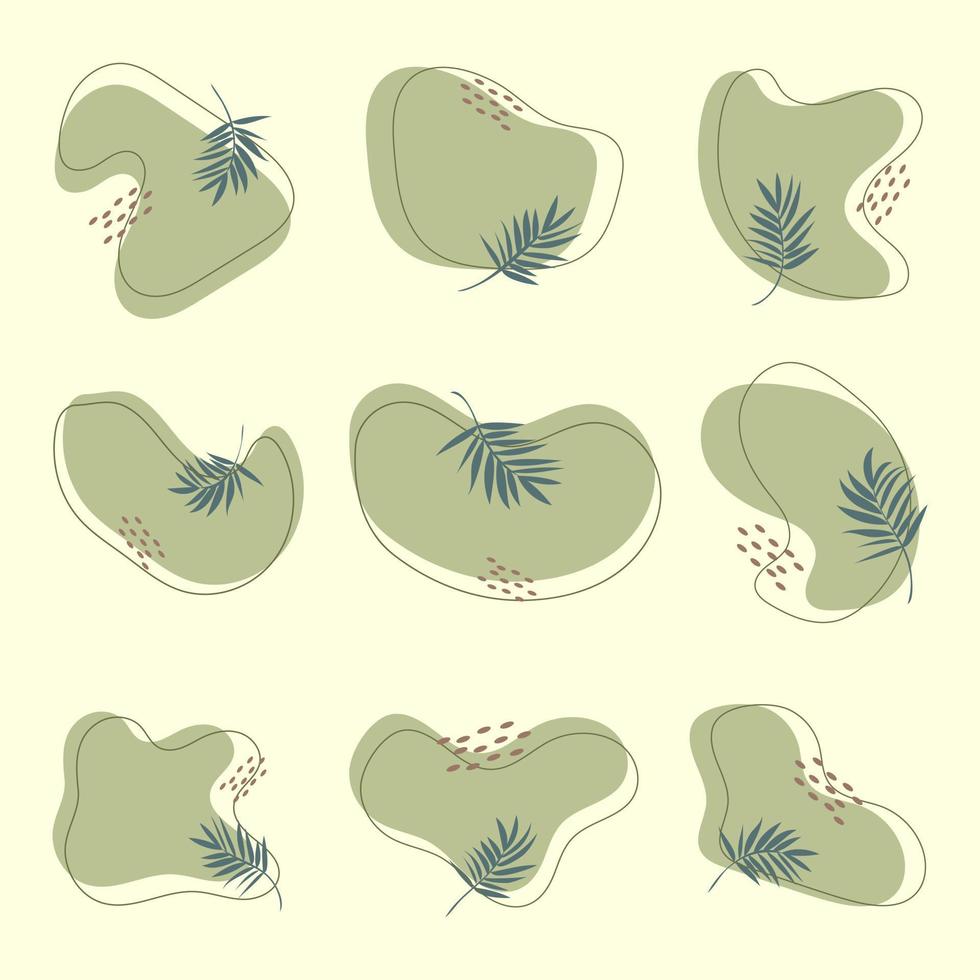 Set of aesthetic abstract organic blobs with leaves and lines vector