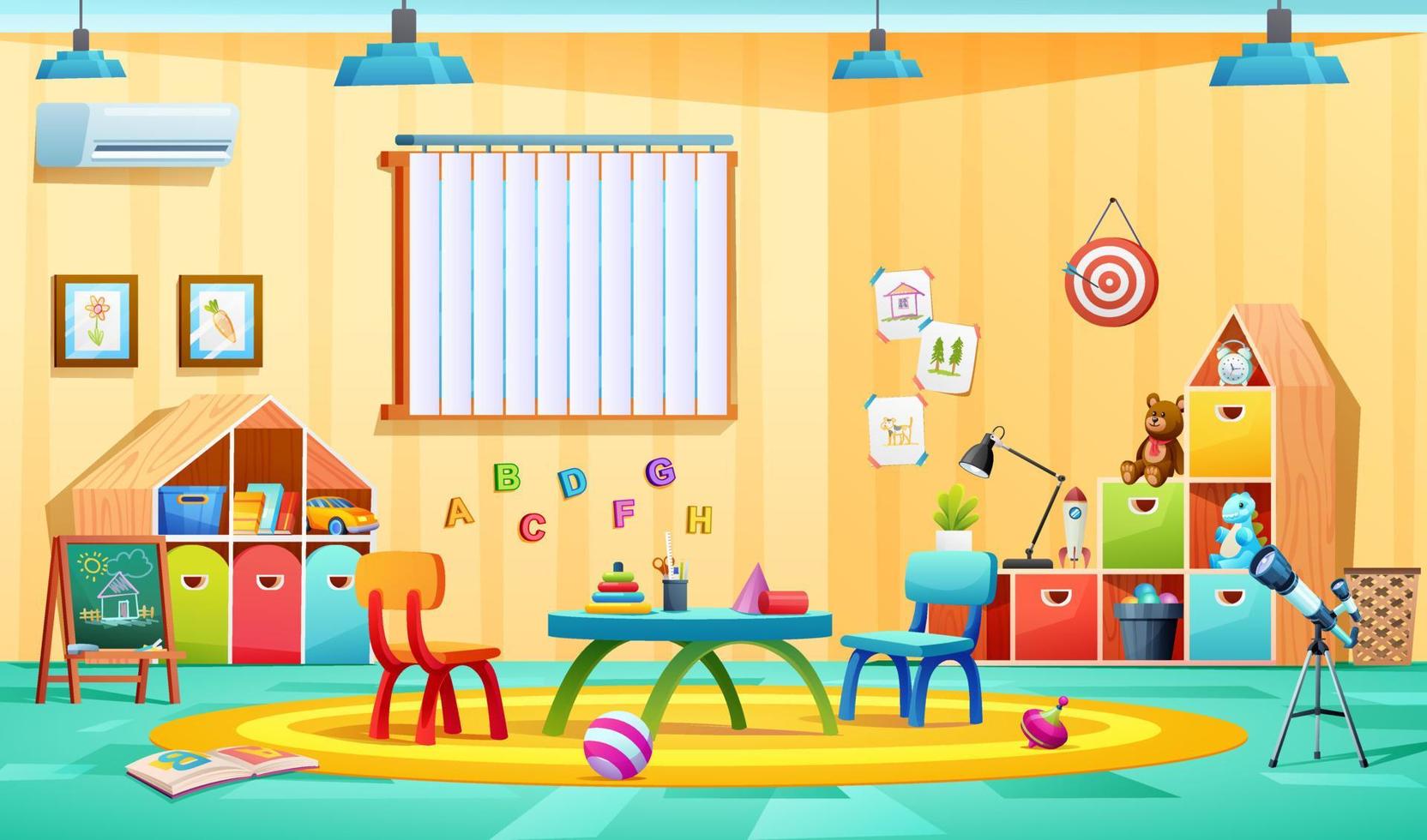 jardín de infantes aula diseño de interiores ilustración de dibujos animados vector