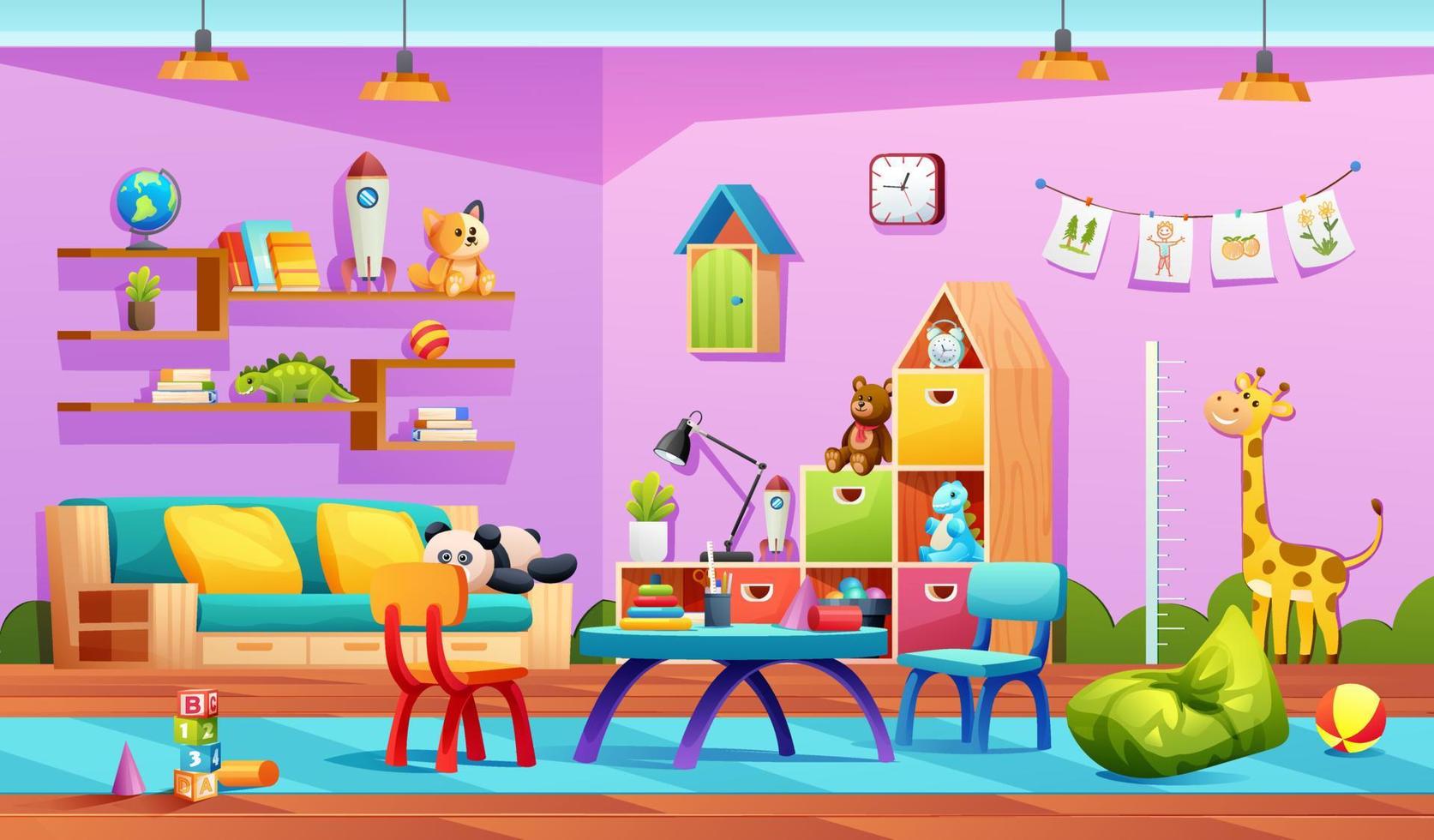 Interior cartoon illustration of kindergarten room with furniture and equipment for games and education vector