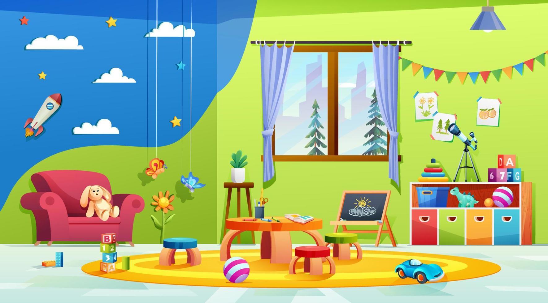 Diseño de interiores de sala de juegos para niños modernos. aula de jardín de infantes con muebles, artículos de papelería y juguetes ilustración de dibujos animados vector
