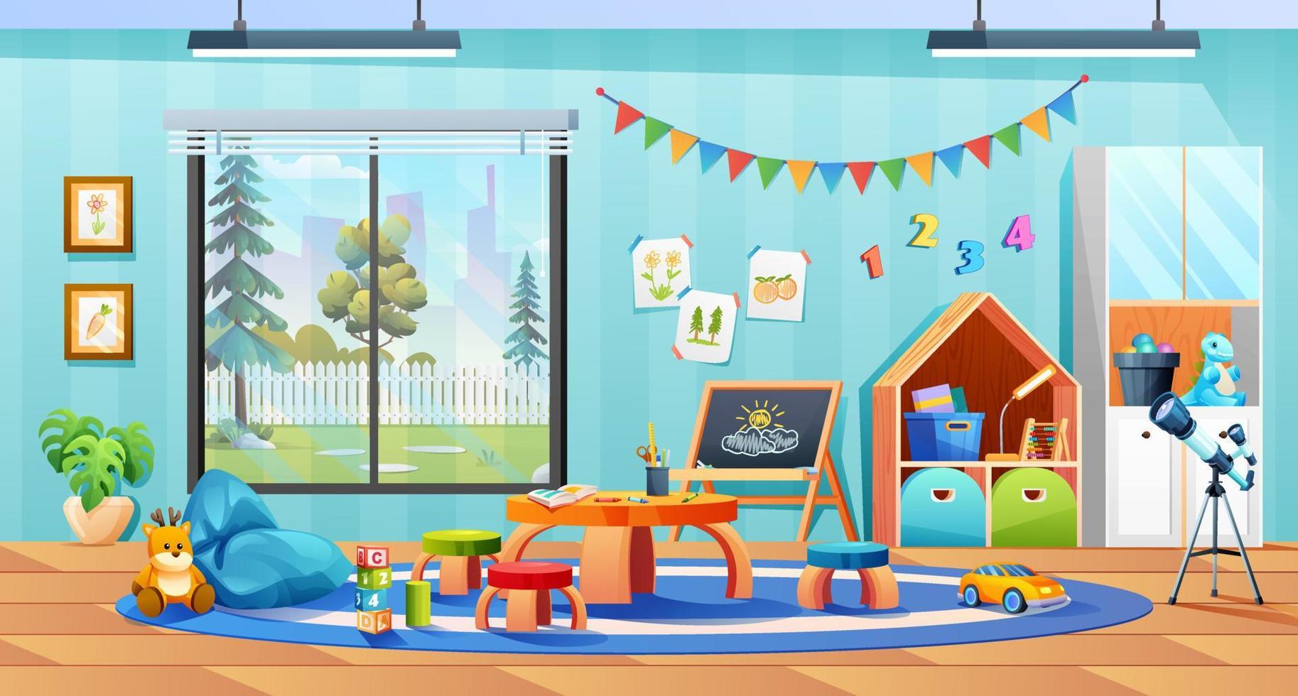 Kindergarten room with furniture and toys vector cartoon illustration