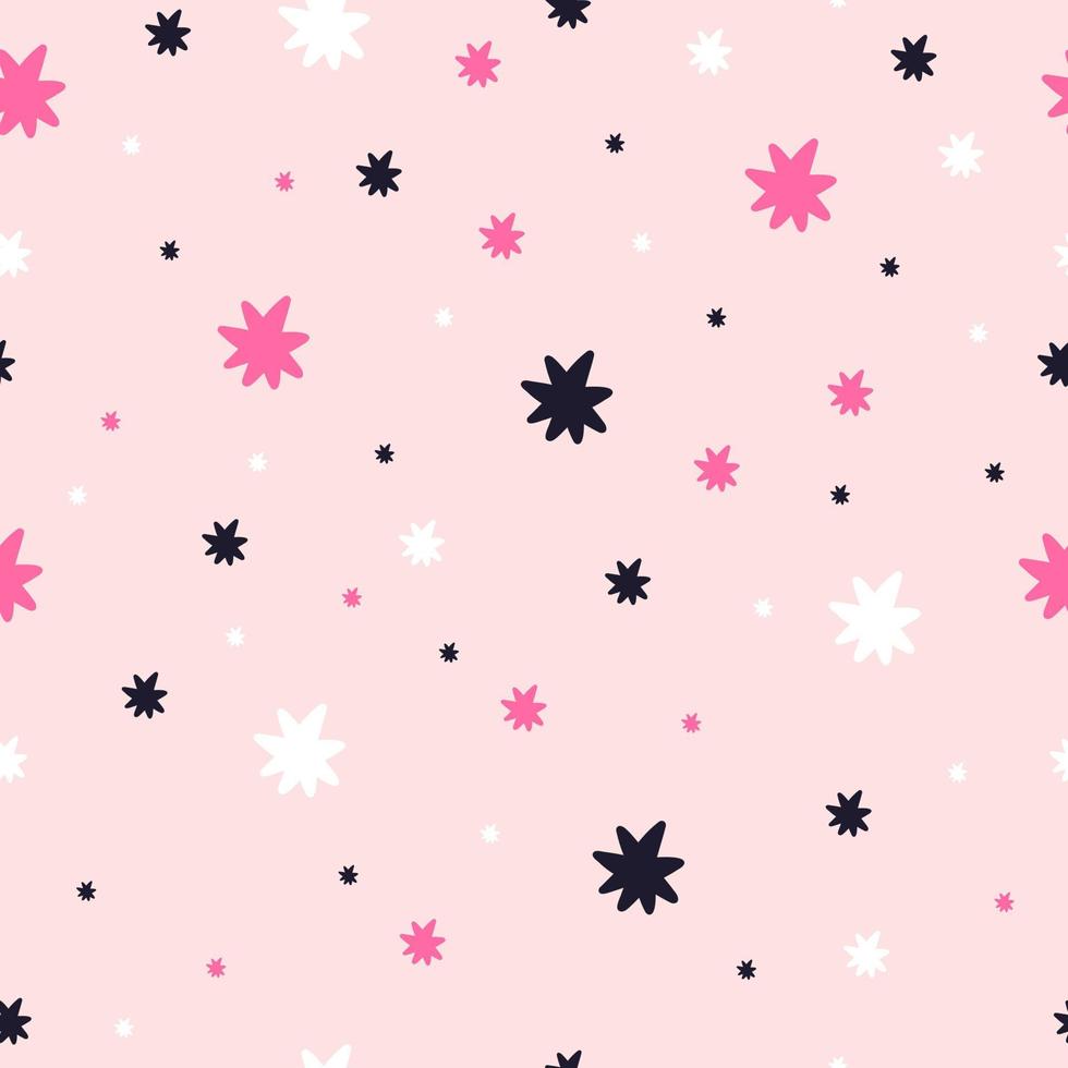 lindo doodle estrellas de patrones sin fisuras, ilustración de vector plano de dibujos animados. fondo rosa pastel, ideal para el diseño de papel de regalo infantil y de bebé. decoración para baby shower o celebración navideña.