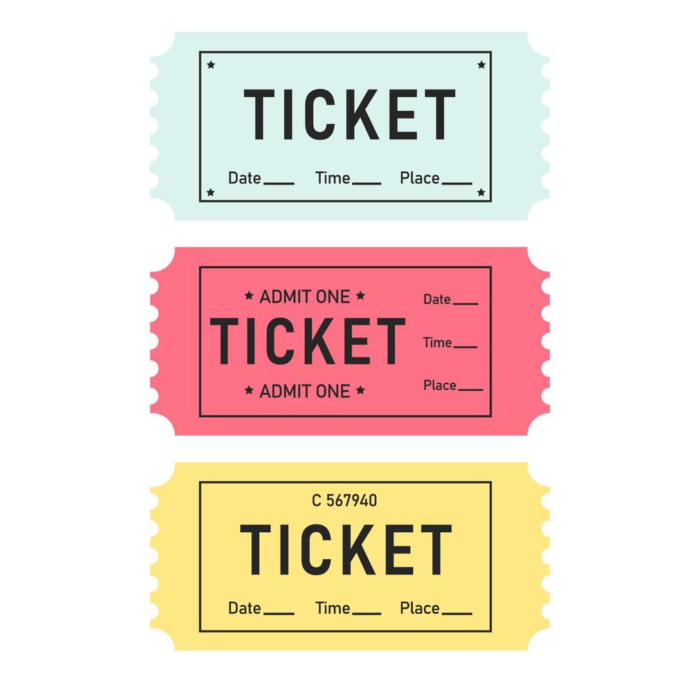 A set of colorful tickets. Ticket templates. Date, time vector