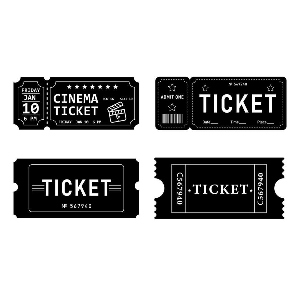 A set of different tickets in black and white vector