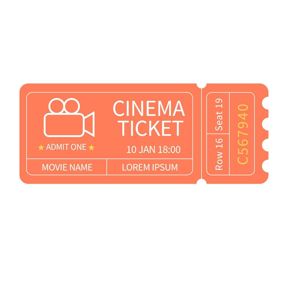 Orange cinema ticket on white background. Vector