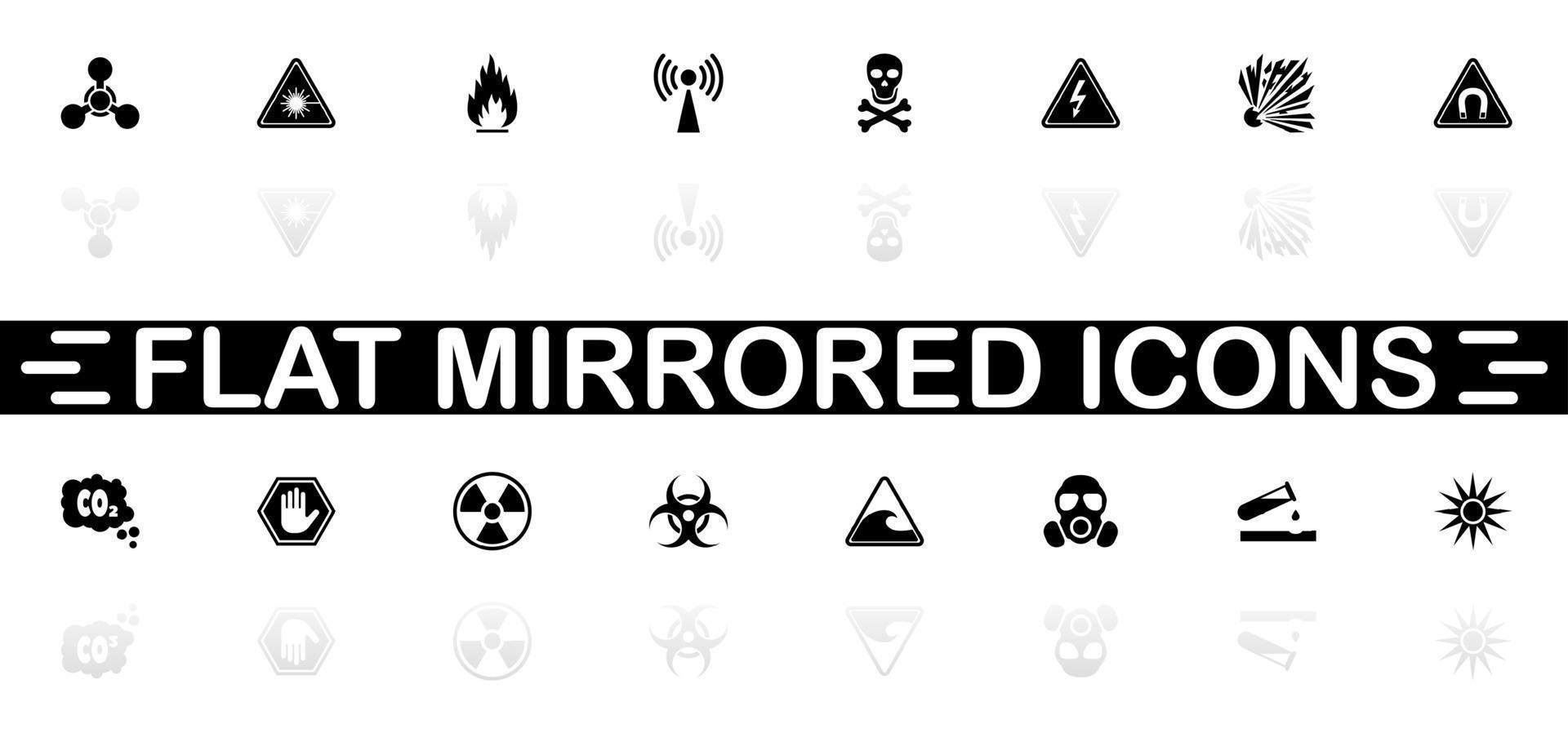 Danger icons - Black symbol on white background. Simple illustration. Flat Vector Icon. Mirror Reflection Shadow. Can be used in logo, web, mobile and UI UX project.
