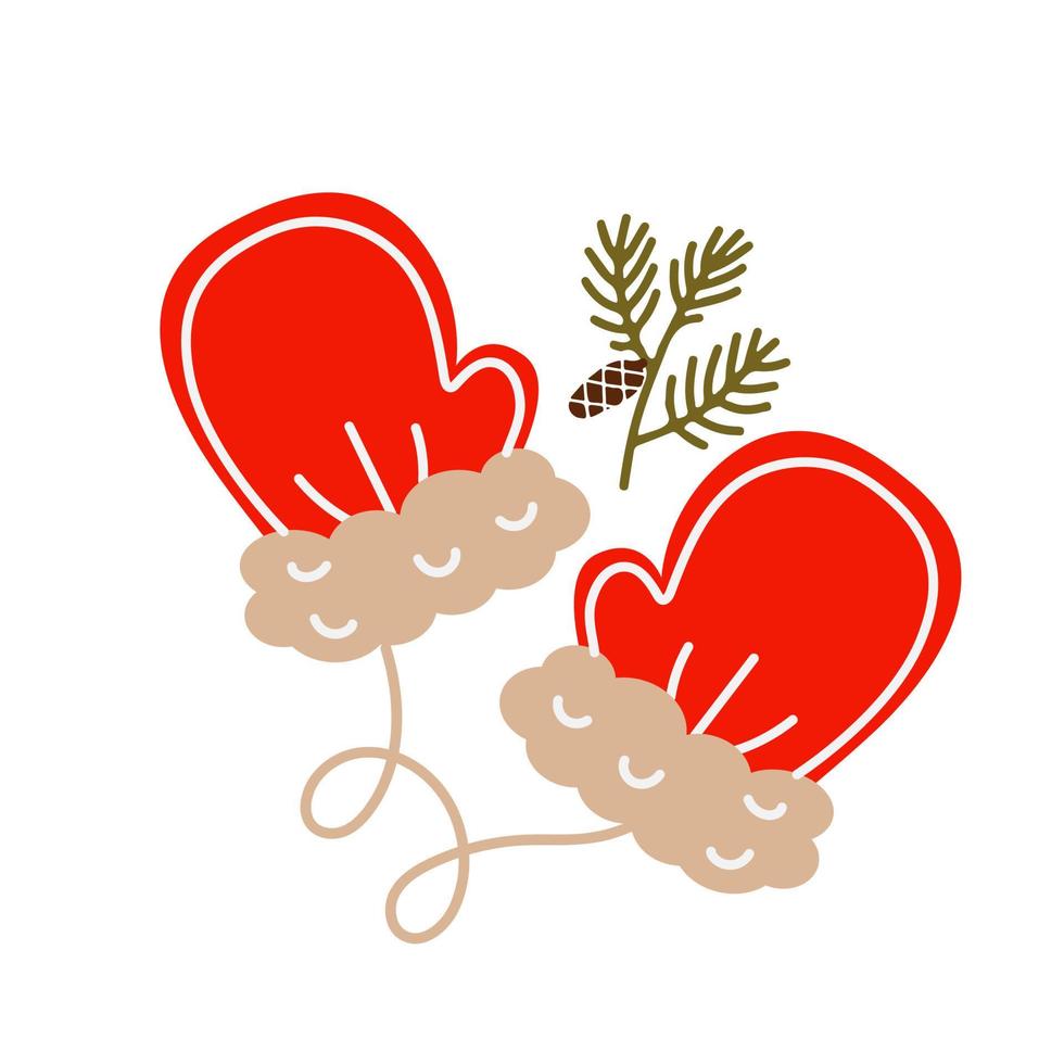 Red christmas mittens. vector hand drawn illustration. Flat design style. Christmas gloves, decorations.