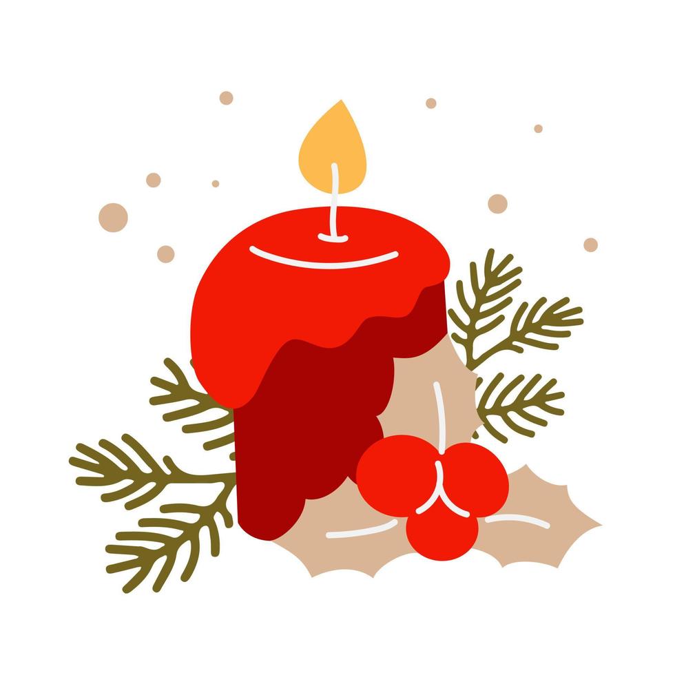 Christmas candle decorative composition in flat style. Vector hand drawn illustration for greeting cards, invitations, posters. Winter holidays design.