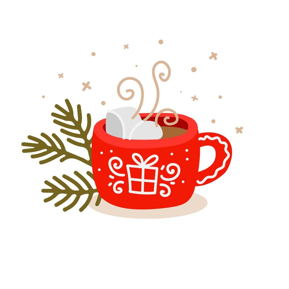 chocolate caliente de navidad con malvaviscos en copa roja de vacaciones. vector