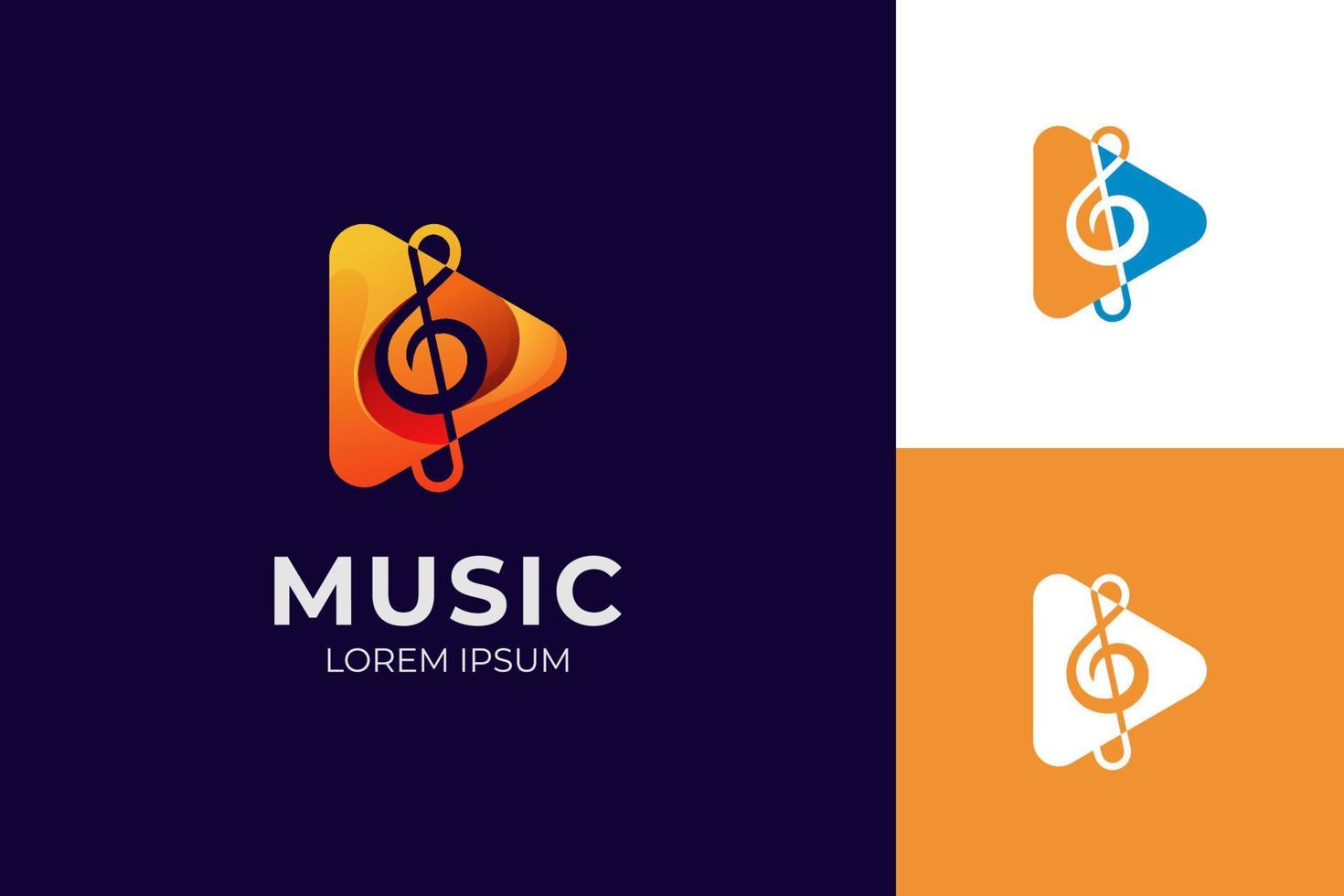 reproducir el diseño del icono del logotipo de la música multimedia. con botón de reproducción y concepto de diseño de elementos clave. Ilustración de vector de diseño de logotipo de música