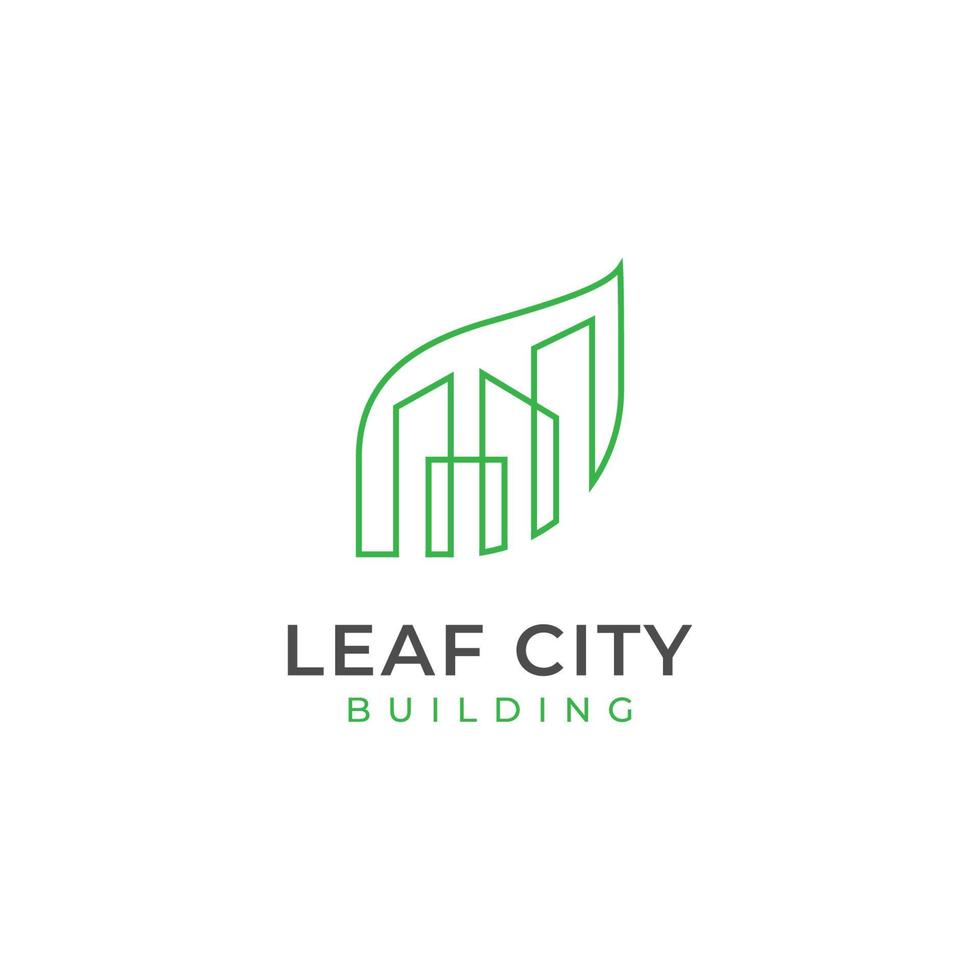 edificio verde con concepto de diseño de logotipo de línea de hoja natural, logotipos de ciudad ecológica vector