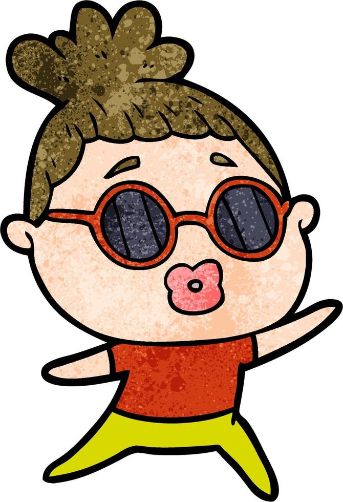 chica de dibujos animados de textura grunge retro con gafas vector