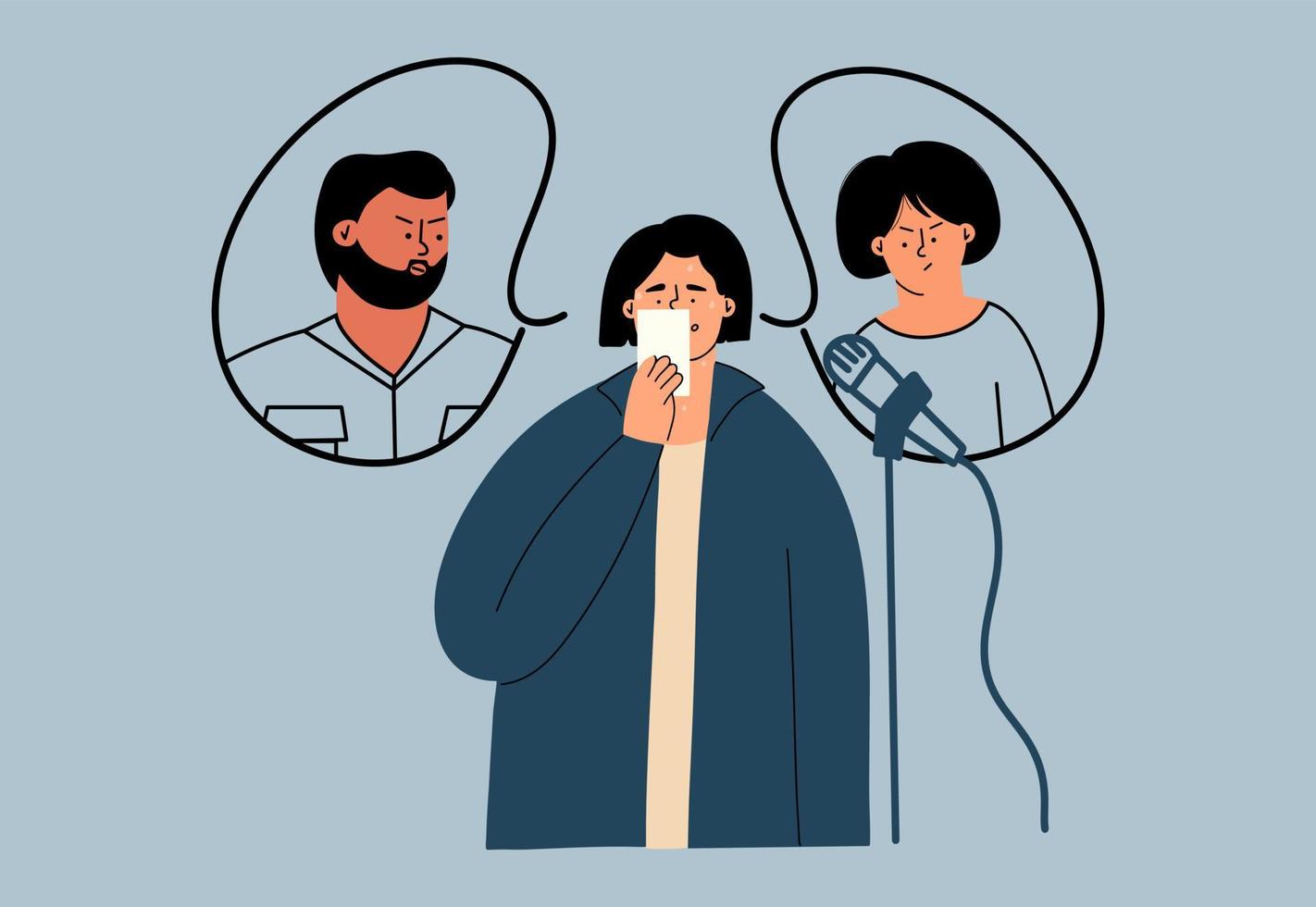 Fear of public speaking concept. A woman sweats and worries while reading from a sheet into a microphone. vector