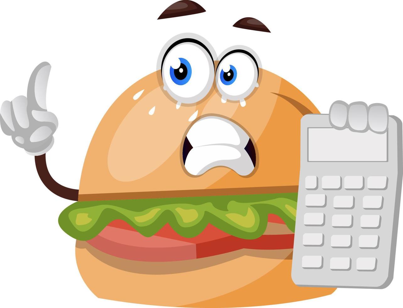 Burger with calculator, illustration, vector on white background.