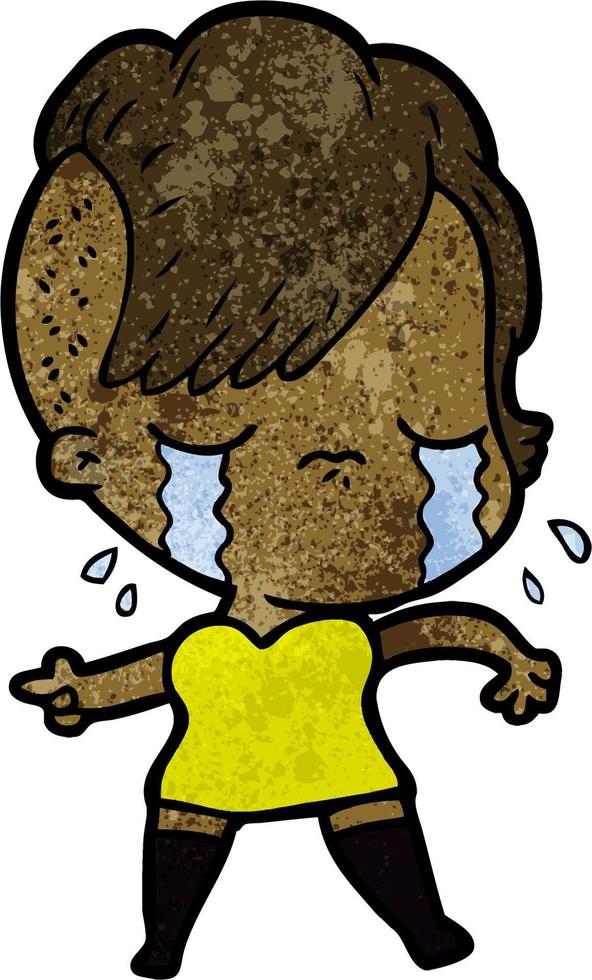 niña de dibujos animados de textura grunge retro llorando vector