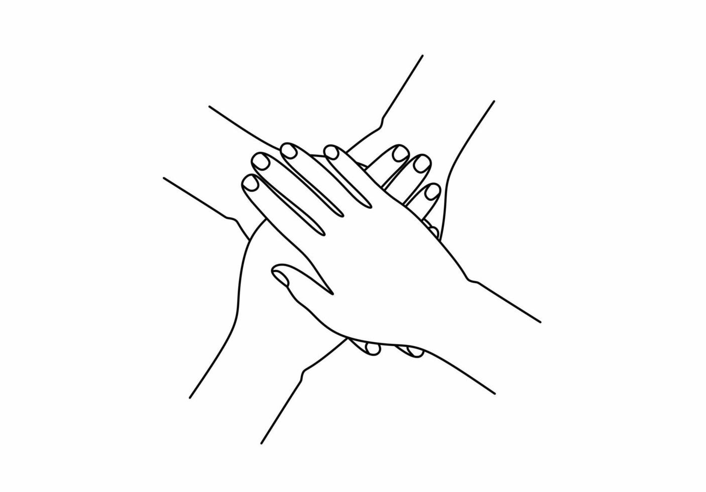 four hands hold together line icon isolated on white background. linear style sign for mobile concept and web design. Solidarity, Unity hands outline vector icon. Symbol illustration