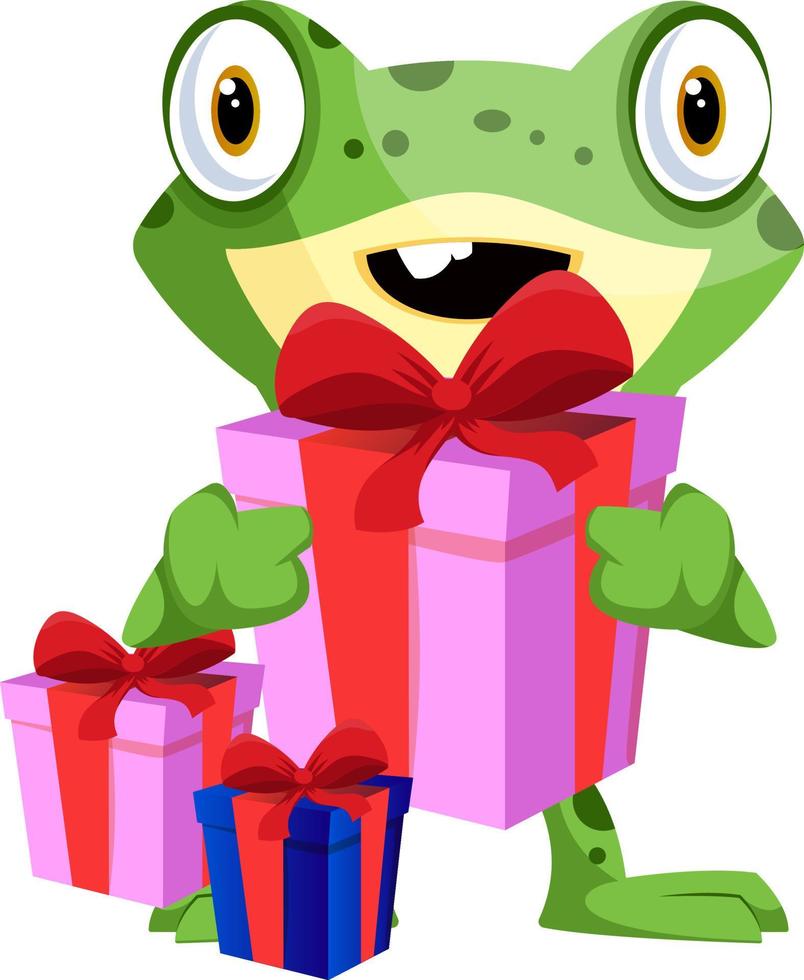 Lindo bebé rana llevando regalos de cumpleaños, ilustración, vector sobre fondo blanco.