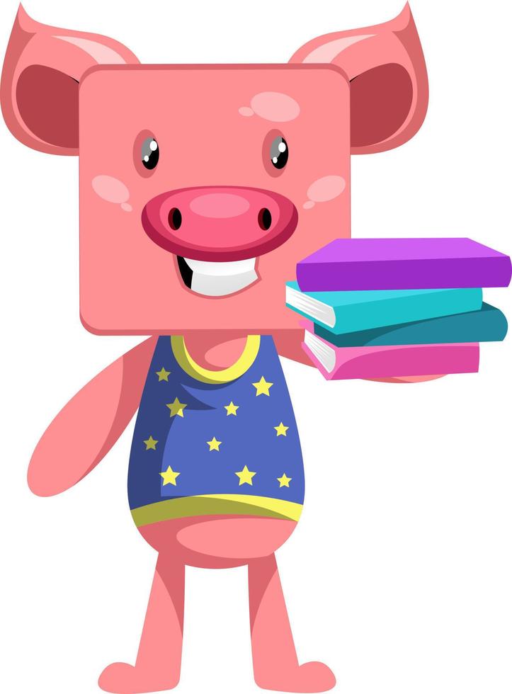 Pig with books, illustration, vector on white background.