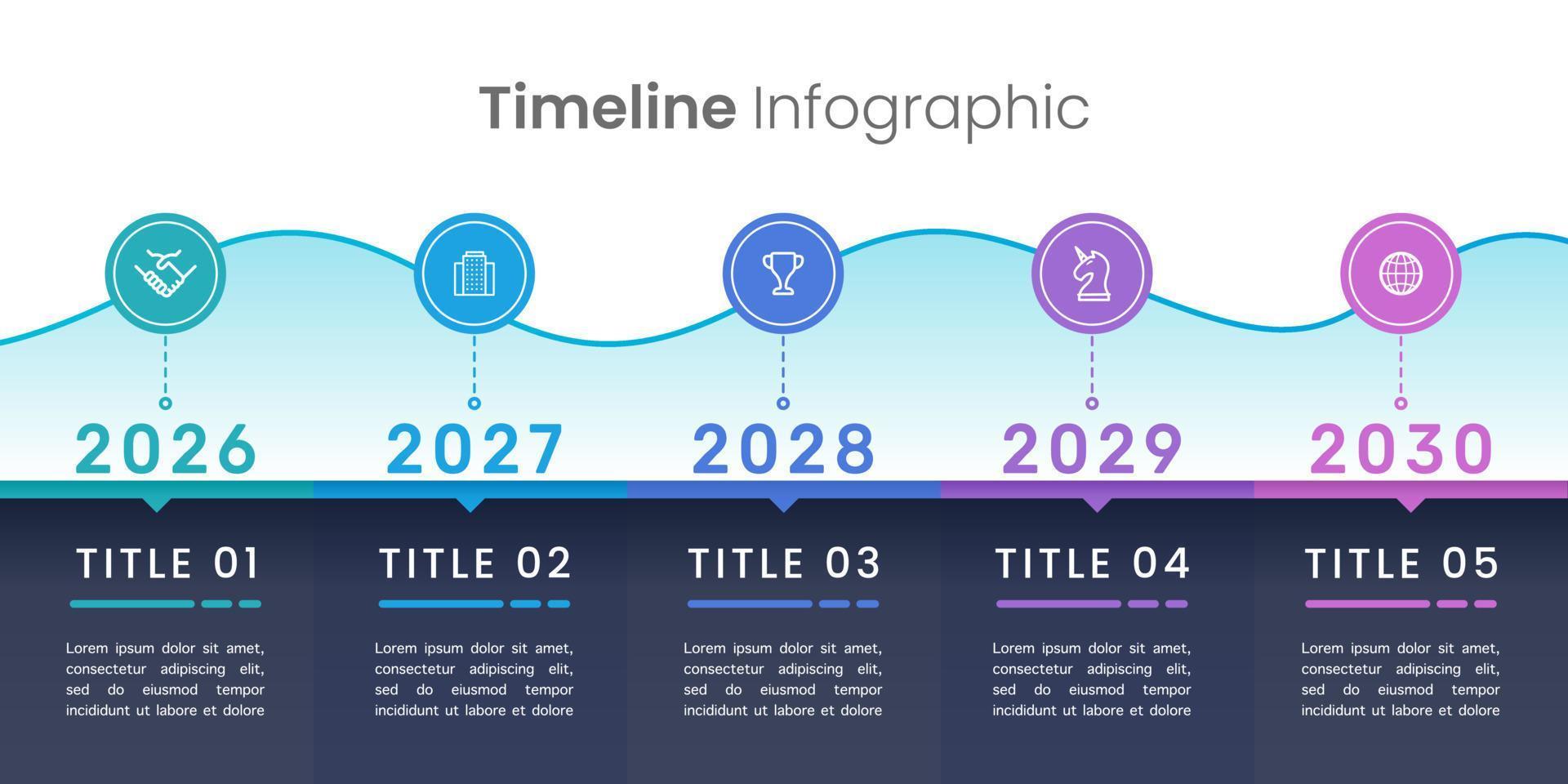 línea de tiempo infográfica de la historia de la empresa con una ola de crecimiento hacia el éxito. vector