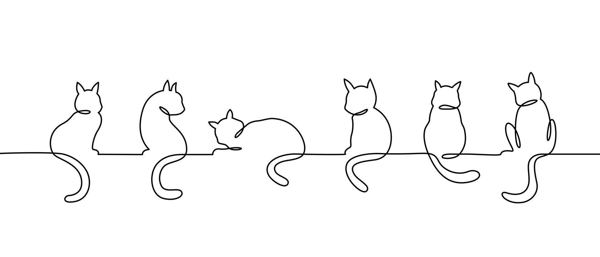 Continuous one-line drawing of vector cat in various poses.