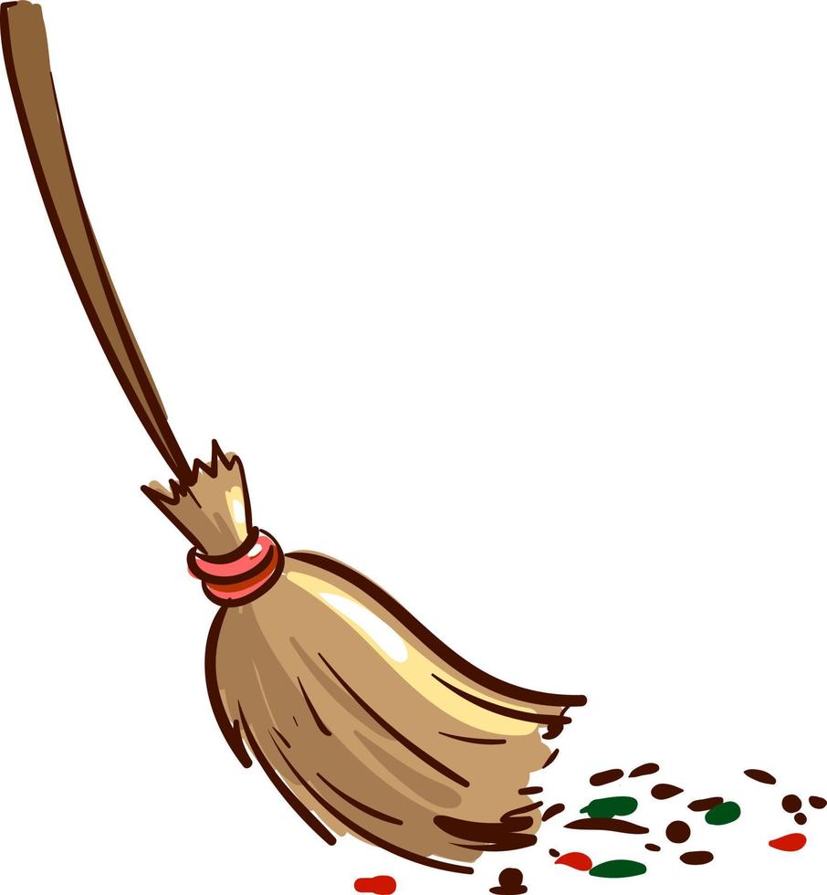 Broom sweeping dirt, illustration, vector on white background.