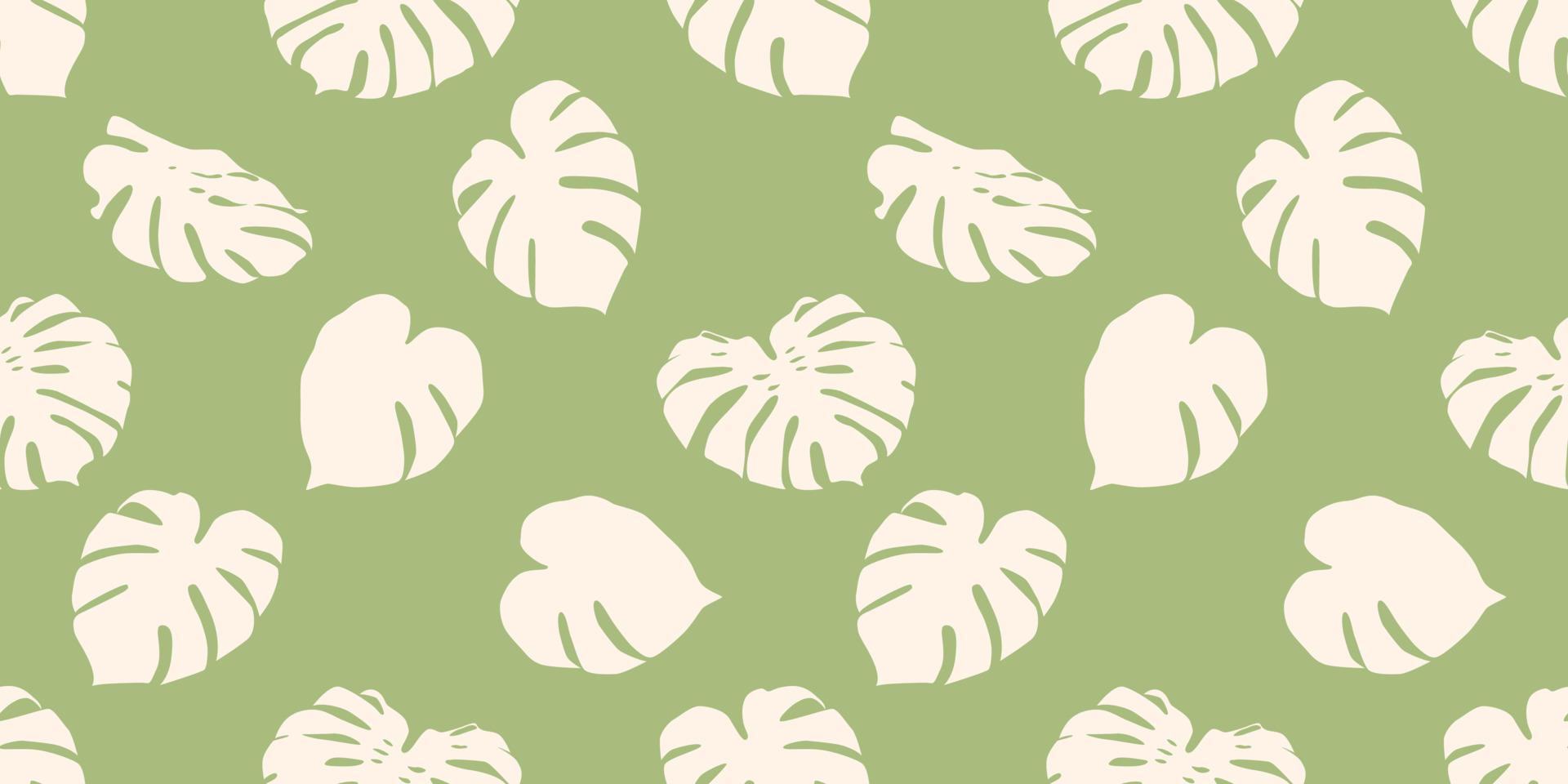 Monstera leaves beige silhouette pattern on trendy green background. Flat illustration style for wrapping paper, wallpaper, fabric, textile. vector