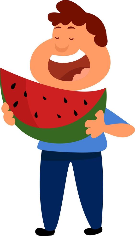 Boy eating watermelon, illustration, vector on white background