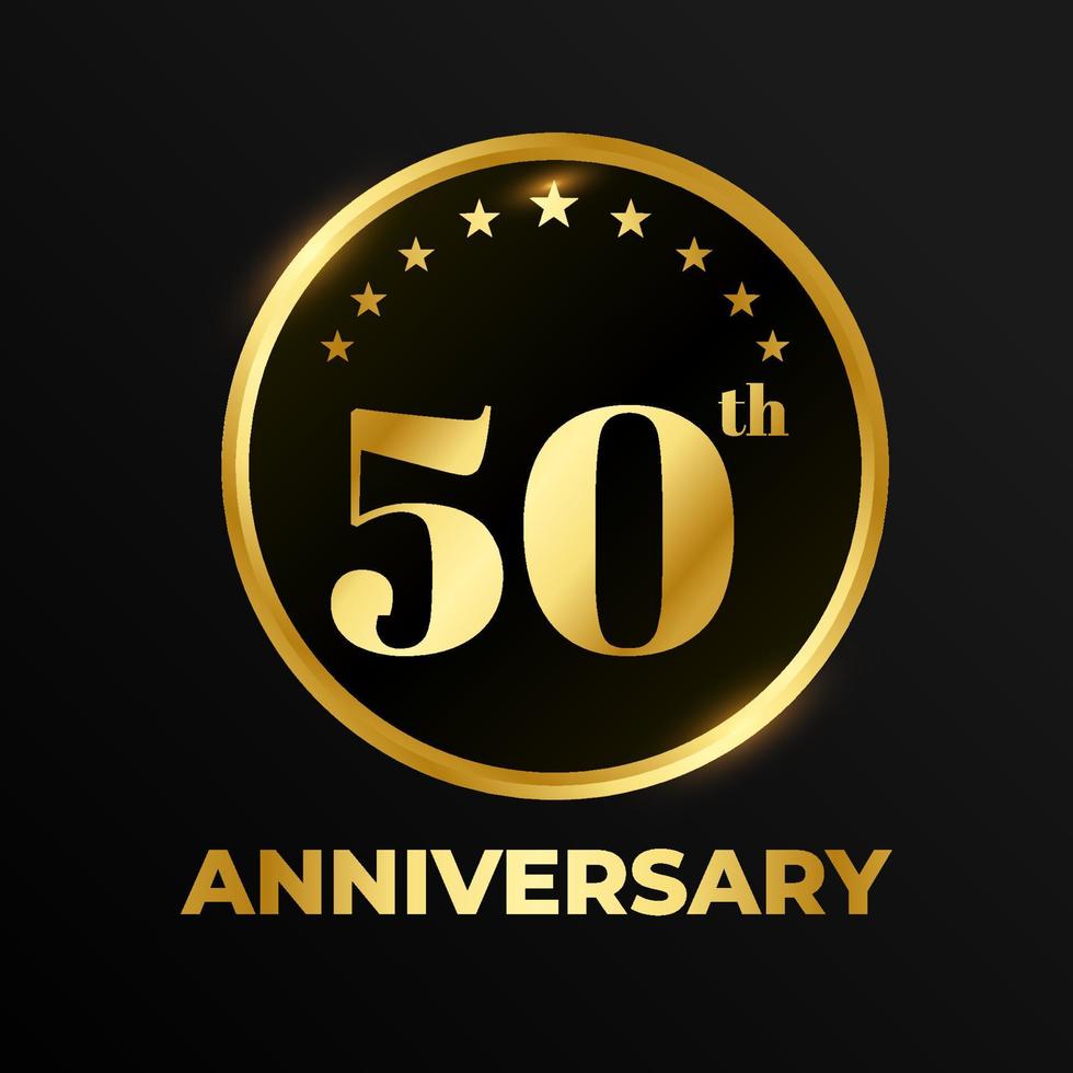 Golden badge circle wedding anniversary labels celebration number with ribbon 50 years vector
