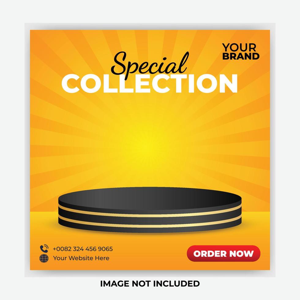 special collection social media post template with podium Merry christmas and happy new year with black gold podium and sunbrust yellow background vector