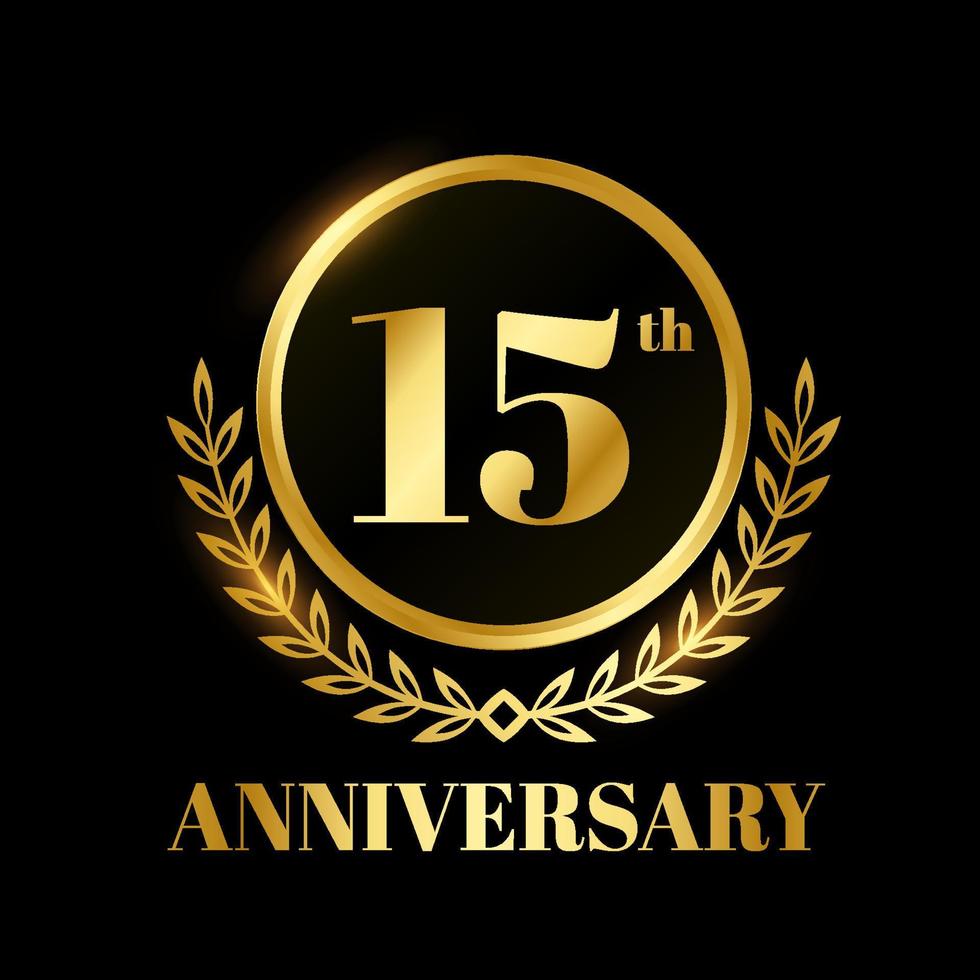 número de celebración de etiquetas de aniversario de boda de círculo de insignia de oro con cinta de algodón 15 años vector