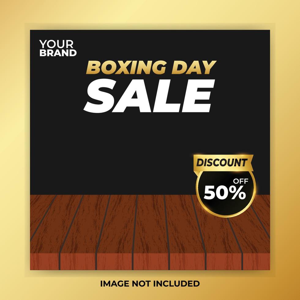 boxing day social media post template with brown wood stage and discount tag black friday and happy new year sunbrust blue background celebration style vector