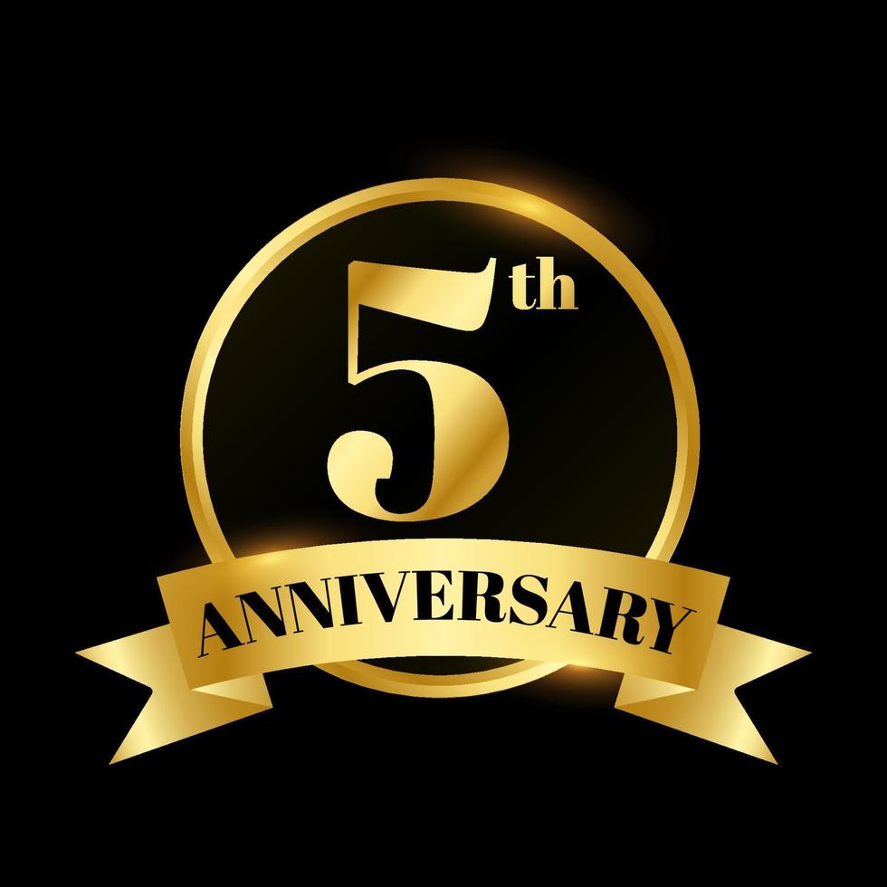 Golden badge circle wedding anniversary labels celebration number with curved ribbon 5 years vector
