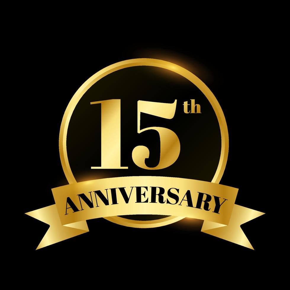 Golden badge circle wedding anniversary labels celebration number with curved ribbon 15 years vector