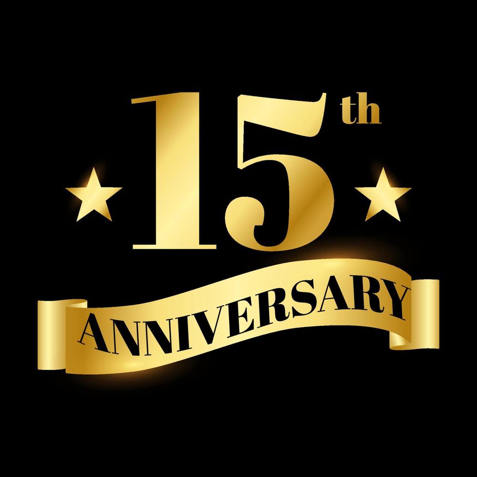 Golden badge wedding anniversary labels celebration number with wave ribbon 15 years vector
